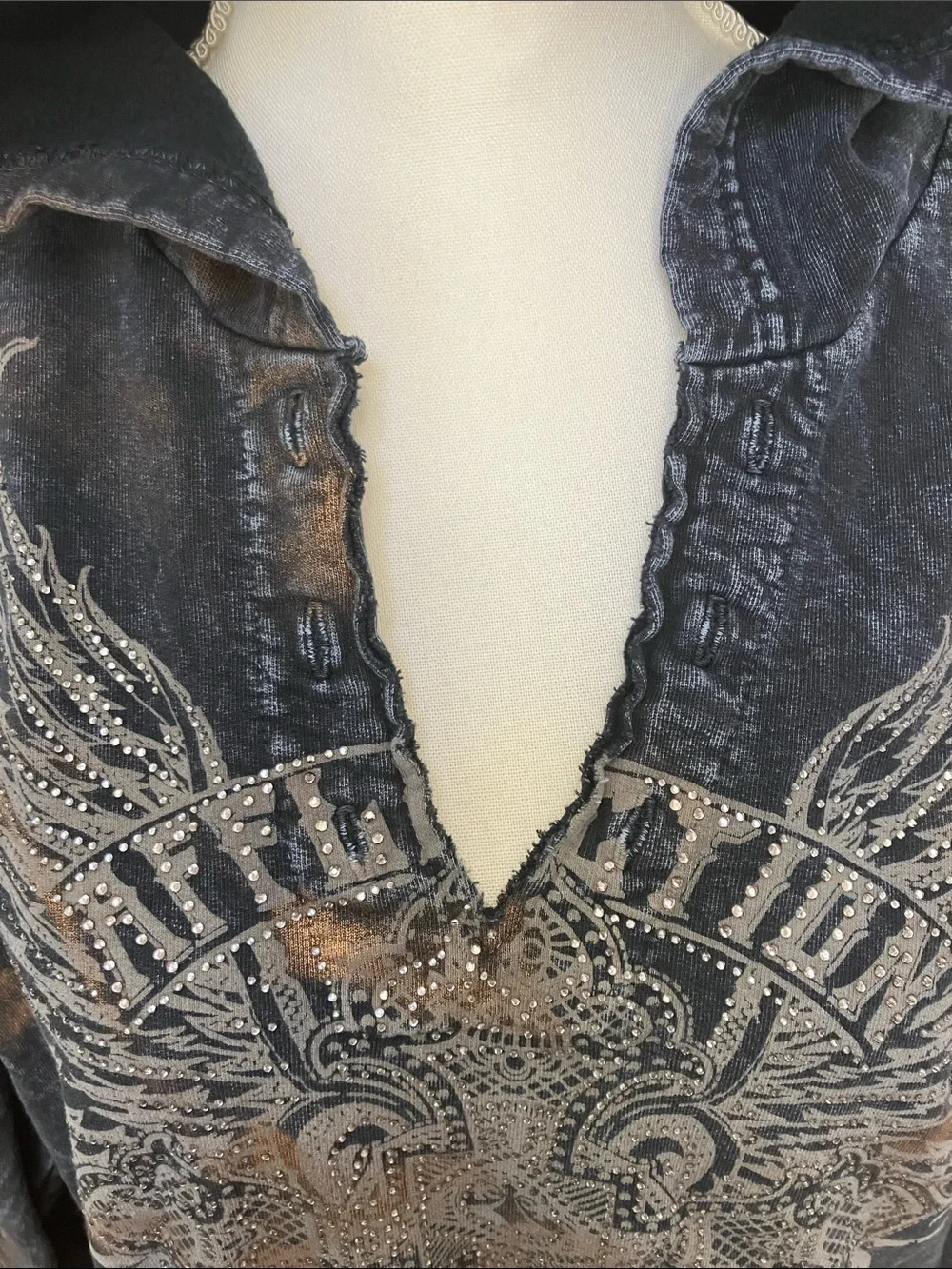 Affliction Women’s Black Distressed Hooded Sweatshirt Embellished Wing Design